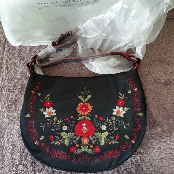 Handbags - Embroidered Crescent Handbag